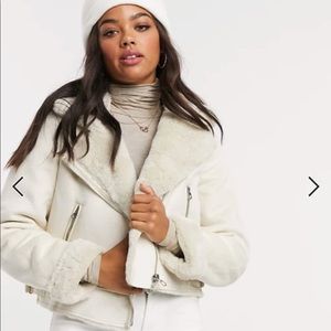 Stradivarius crop faux leather aviator jacket